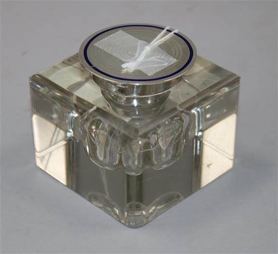 A George V silver and enamel lidded glass inkwell by Deakin & Francis Ltd, Birmingham, 1911, height 66mm.